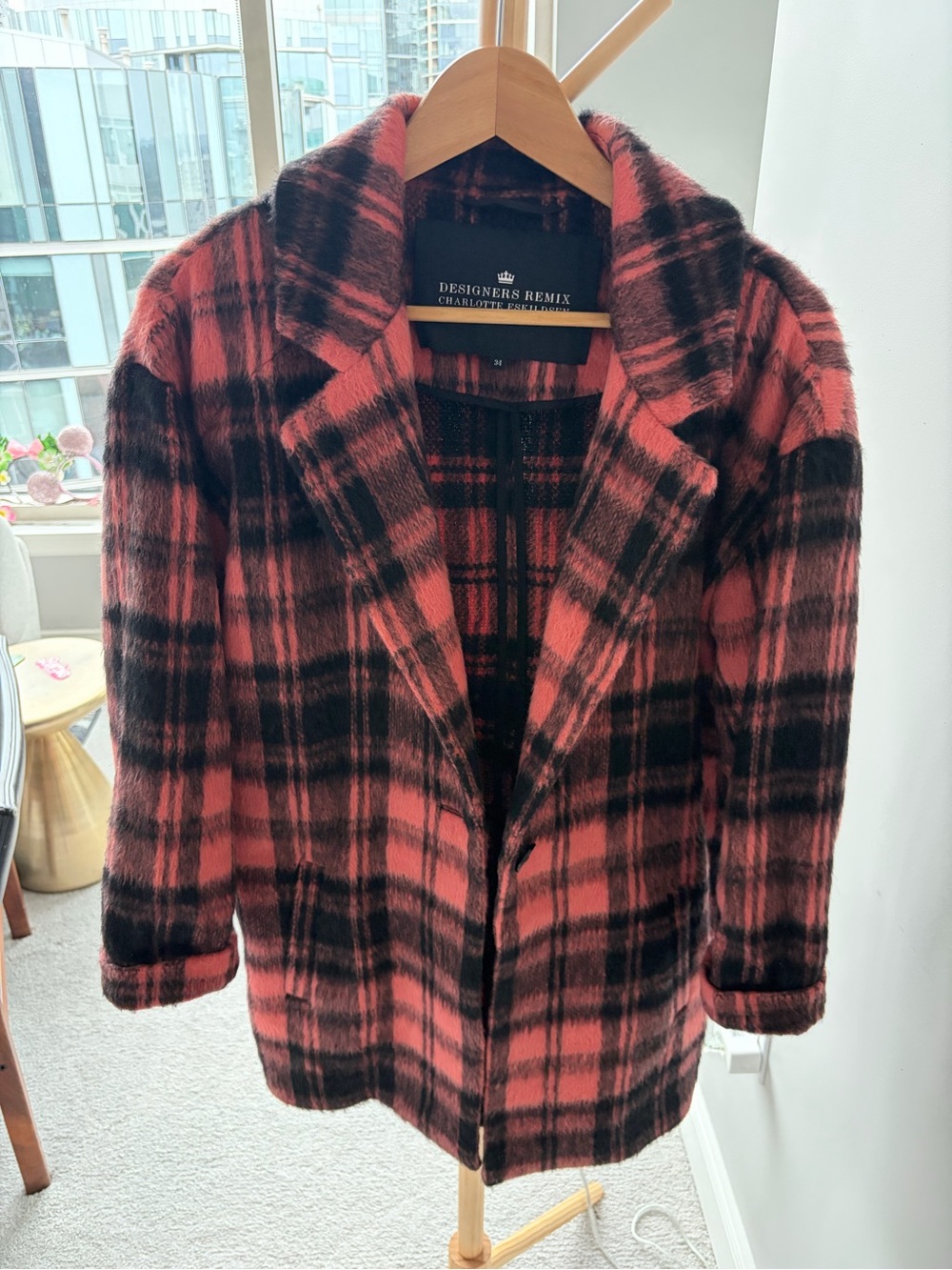 Pink & Black Plaid Wool Coat by Designers Remix